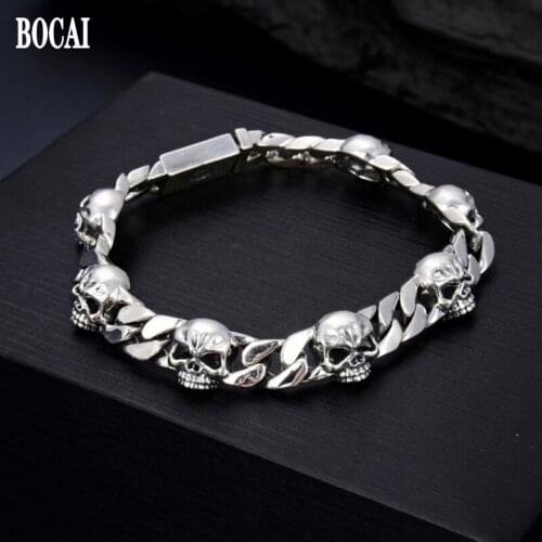 BOCAI New 100% s925 Silver Jewelry Domineering Skull 8MM 2021 Trend Student Retro Personality Hip Hop Punk Men Bracelet