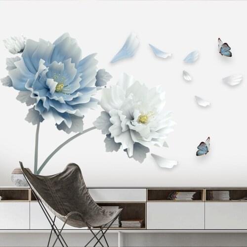 Large White Blue Flowers Wall Stickers Lotus Butterflies Removable 3D Art Wall Decals Mural Living Room Bedroom Furniture Decals