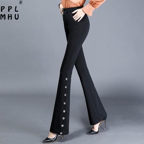 Black Slim Beading Button Flare Pants For Women Office High Waist Stretch Bell Bottom Trousers Skinny Work Straight Leg Pants