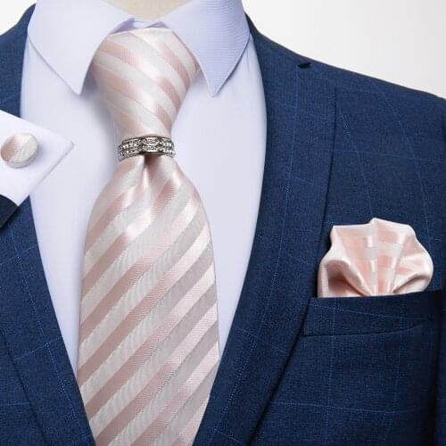 Fashion Pink Striped 8cm Mens Tie Wedding Business Party Silk Jacquard Woven Neck Tie Hanky Cufflinks Ring 4pcs Set DiBanGu