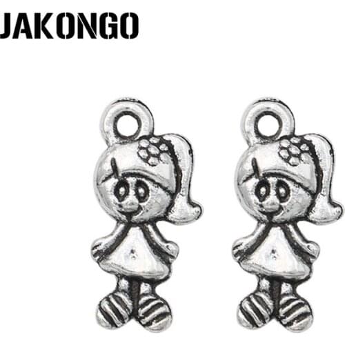 JAKONGO 20pcs Wholesale Antique Silver Plated Girl Charms Beads Pendants for Jewelry Making DIY Handmade 16x7mm
