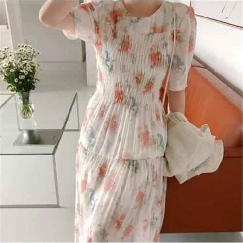 Print Summer Womens Dresses Round Neck Sweet Floral Beaten Waist Mid-length Chiffon Long Vestidos 2021