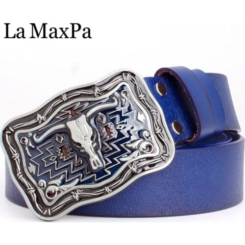 Man cow belt Cowboy jean belt mens genuine leather belt cowhide Wild western cow bull head skull pattern metal buckle