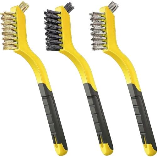3 Pcs Wire Brush Set Nylon/Brass/Stainless Steel Bristles with Curved Handle Grip for Rust, Dirt & Paint Scrubbing