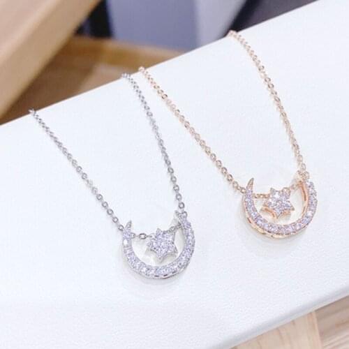 BOTU 2021 New Micro-inlaid Zircon Necklace Exquisite Simple Rose Gold Plated Pendant Moon Girl Pendant Necklace for Women