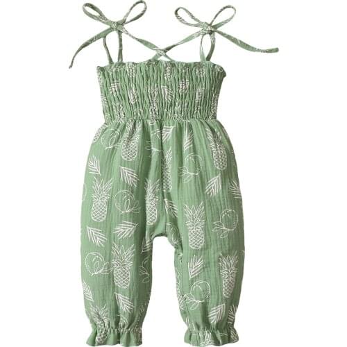 New Baby Pineapple Print Long Romper, Girls Sleeveless Stretchy Sling Jumpsuit with Ruffle for Summer