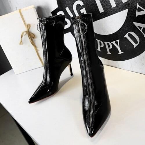 European and American Style Sexy Nightclub Slim Thin Heels Pointed High-heeled Shiny Patent Leather Front Zipper Thin Thin Boots