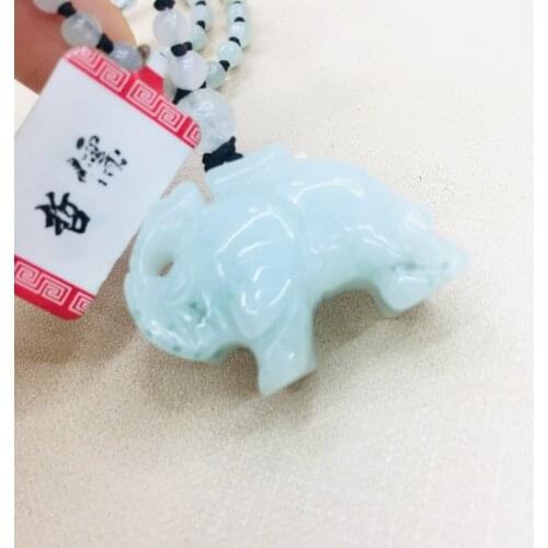 Natural Burmese Emerald Jade Carving Elephant Pendant with Three Colored Jade Bead Necklace Sweater Chain