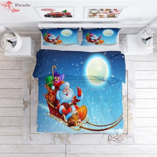 2022 Christmas Bedding Set Blue Duvet Cover Santa Claus Giving Gift In Winter Night Quilt Covers with Pillowcase Kids Bed Linens
