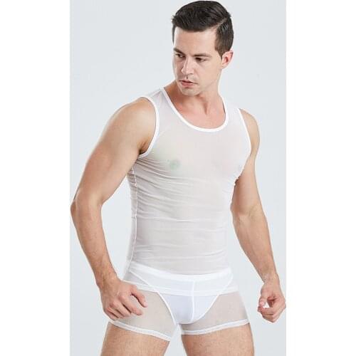 Sexy Mesh Tank Tops + Boxer Shorts Sexy Men Transparent Undershirts Sets Sleepwear Quick Dry Fitness Sports Underwear Nightwear