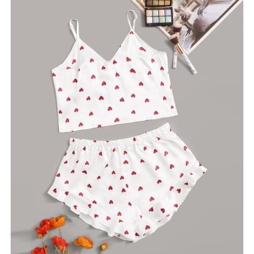 Sexy Women Heart Print Satin Silk Lace Sleepwear V Neck Sleeveless Lingerie Tops+Nightwear Shorts Women Pajamas Sets New #BL3