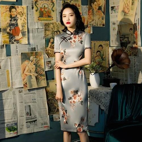 Sheng COCO 2021 Summer New Ice Silk QiPao Dress Grey Especially Color Beautiful Beading Pankou Middle Aged Qi Pao Dresses