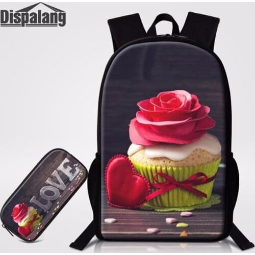 Dispalang 2PCS/Set School Bags With Pencil Case For Elementary Students Rose Heart Prints Campus Girls Backpack Casual Bagpack