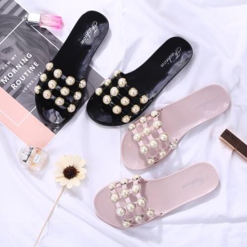 Stylish outer wear crystal beach pearl slippers womens Korean version flat anti-slip slippers women shoes slipper women