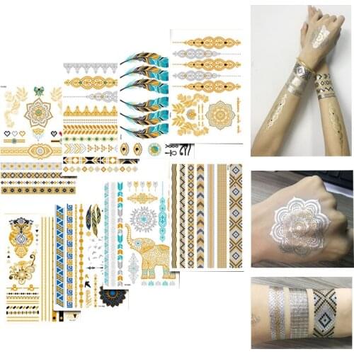 Retro Hot Stamping Silver Gold Tattoo Sticker Glitter Tattoo Fake Tatoo Temporary Tatto for Men Girl Party Body Decoration