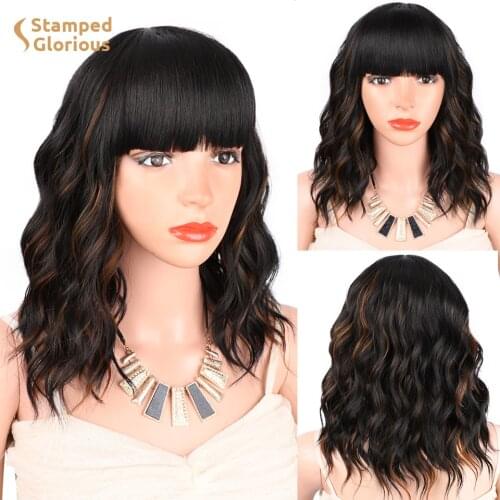 Stamped Glorious Bob Wig Black Synthetic Short Wavy Wig with Bangs Heat Resistant Fiber African American wigs for Women