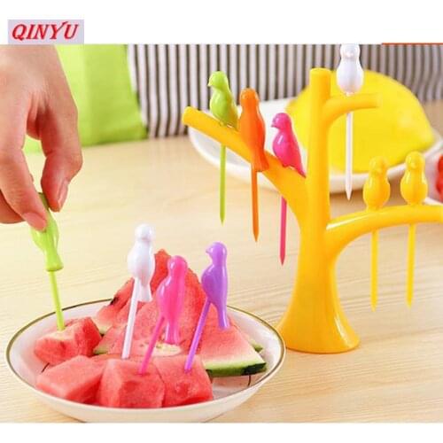 1 set Bird Tree Birdie Fruit Fork 1 Stand+6 Forks Toothpick Fruit Tool Tableware Dinnerware Set Kitchen Gadget Party supplies 7Z