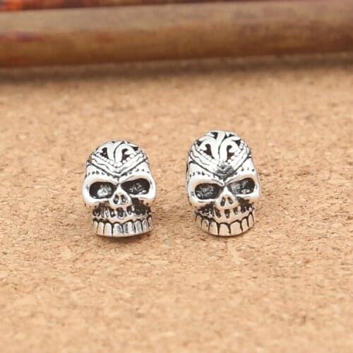 Handcrafted Thai Silver Skull Earrings Vintage 925 Silver Carved Skull Earrings Sterling Silver Man Earrings Punk Jewelry
