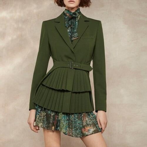 HIgh quality pleated blazer + printed pleate dress two pieces female long sleeve green color outwear with belt wq1424 dropship