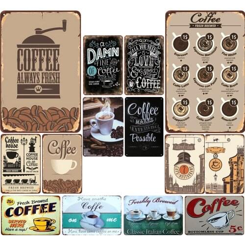 Brewed Coffee Always Fresh Vintage Metal Tin Coffee Served Here for Coffe Shop House Cafe Wall Decoration Door Sign Billboard