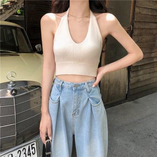 Halter Camis Women Backless Vintage Retro Style Pure Knitting High-street Sexy Club Elegant All-match Summer Leisure Chic Mujer