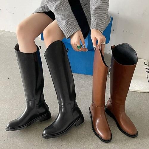 Winter Square Heel Sewing Patchwork Zipper 2021 PU Non-Slip Thick Bottom Solid Fashion Round Toe Knee-High Womens Boots