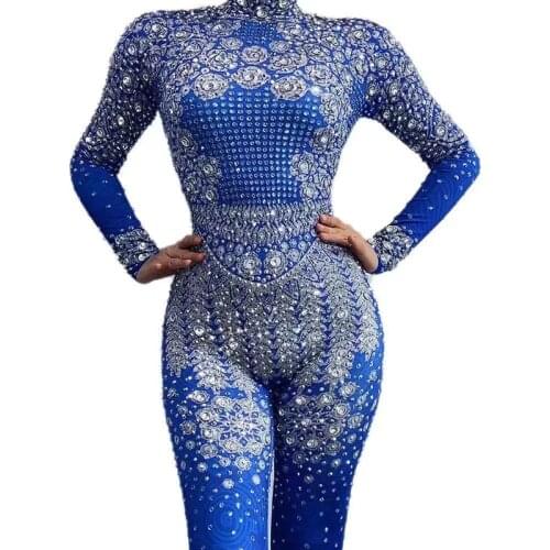 Flashing Blue Sequined Long Sleeve Jumpsuit Stretch Sexy Bodysuit Women Birthday Stage Play Celebrate Dancer Party Show Dress