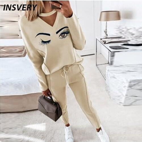 Spring Autumn Women Set 2 Piece Outfits Suit V-neck Print Tracksuit Women Long Sleeve Tops And Pants Casual Sport Suits 2021