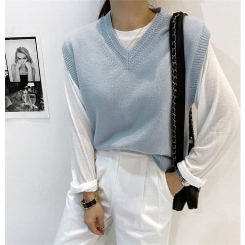 Knitted Vest for Women Loose V-neck Sleeveless Casual Tops for Autumn and Winter Elegant Korean Style Chic 2020 New Fashion