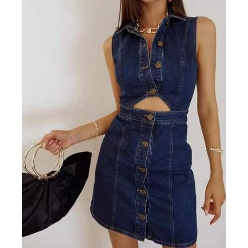 2021 Womens Summer New Style Fashion Temperament Lapel Sleeveless Hollow Waist Slimming Bag Hip Blue Denim Dress Short Skirt