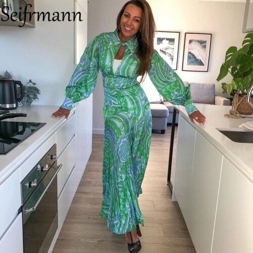 Seifrmann New 2021 Autumn Women Fashion Runway Party Long Dress Lantern Sleeve High Waist Floral Printed Elegant A-Line Dresses