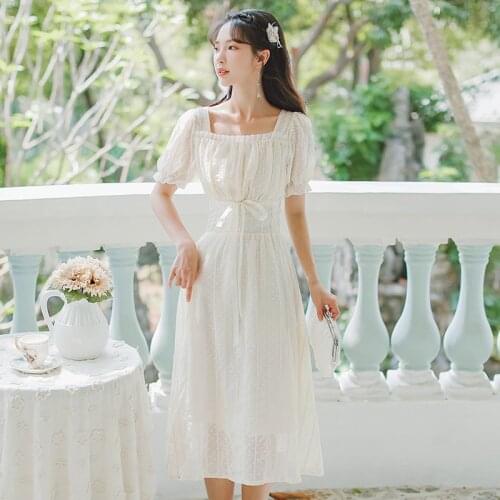 Women French First Love Dresses 2021 Summer New Ruffled Square Collar Elegant Chic Bowknot High Waist Slim Fairy Dress