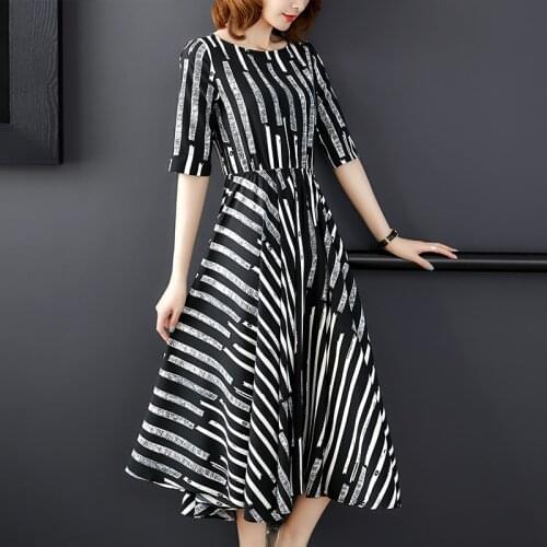 Vintage Stripe Midi Dress 2019 New Summer Dresses Elegant Women Office Casual Stylish Goth Ladies Retro Rockabilly Dresses