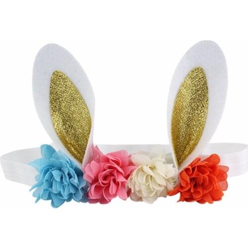 10 pcs / lots , glitter Bunny Ears Headband For Easter Headbands Kids Mini Shabby chiffon Flowers Elastic Hair Bands