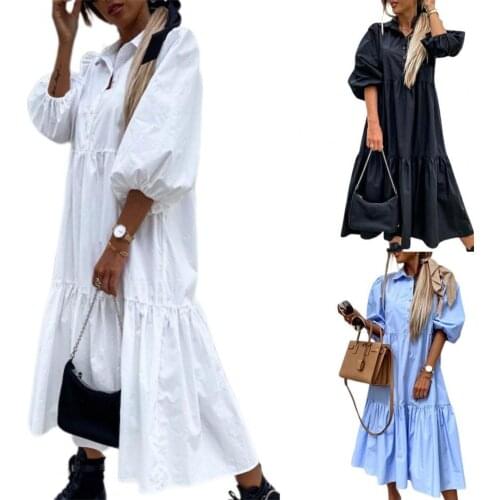 75% Hot Sales!!! Women Shirt Dress Solid Color Large Hem Cotton Blend Half Sleeve Turn Down Collar Streetwear for Spring/Summer