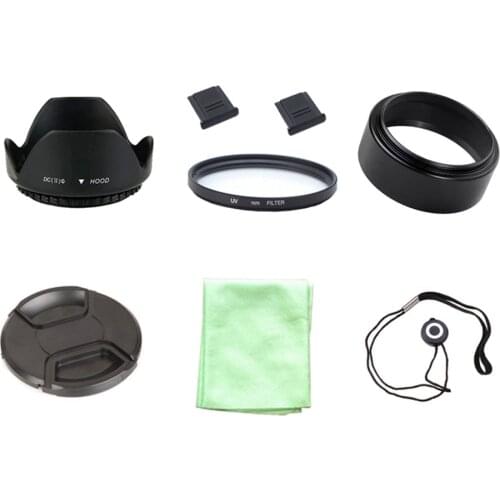 8 in1 49 52 55 58 62 67 72 77 mm UV filter + cap cover + lens cap line + lens hood + 2 hot shoe + clothes + Metal lens hood