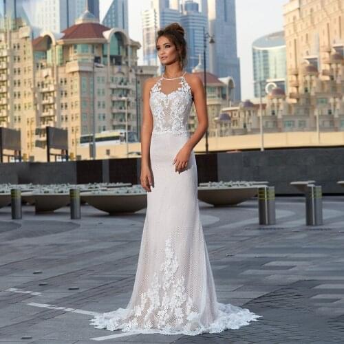 Halter Neckline Mermaid Nude Lace with Applique Lace Wedding Dress Sexy Open Back Bridal Dress vestido de novia bohemio