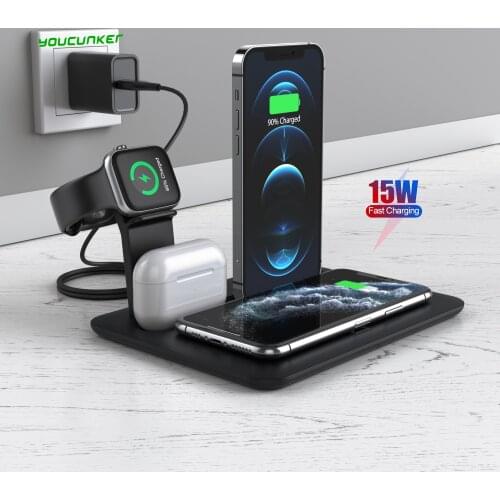 15W Qi Wireless Charger Dock Station 5 in 1 For iPhone 11 XS XR Airpods Pro Type C USB Stand Fast Charging For Apple Watch 5 4 3