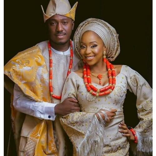 Real Coral Beads Nigerian Wedding Couple Jewelry Sets Original Coral African Bridal Costume Party Jewelry Bride and Groom CNR130