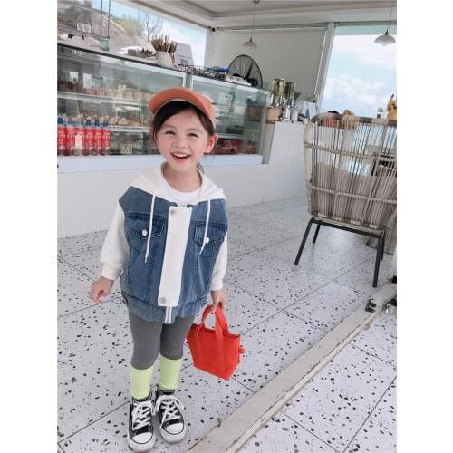 2020 Unisex Kids Denim Jacket Coat Toddlers Patchwork Hooded Denim Outwear Long Sleeve Autumn Baby Girls Boys Clothes Jackets