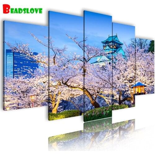 Cherry Blossom Festival Tower 5pcs Diamond painting Multi Pane Diamond patterns,full round/square embroidery 5D DIY B41
