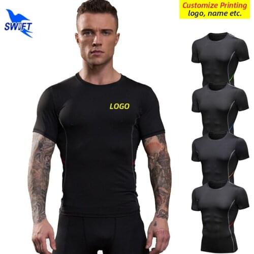 Customize LOGO Mens Running T-shirt Compression Base Layer Quick Dry Short Sleeve Training Shirts Gym Fitness Sportswear Tops
