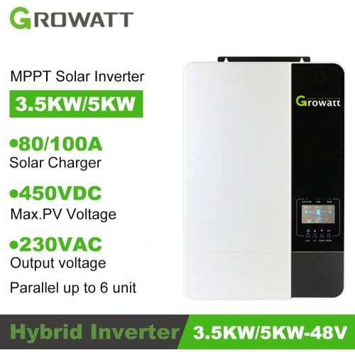 Growatt 100A MPPT 3.5KW/5KW 48VDC Off Grid Support Li Battery Inverter 50/60Hz Pure Sine Wave can Without Batteries Inverter