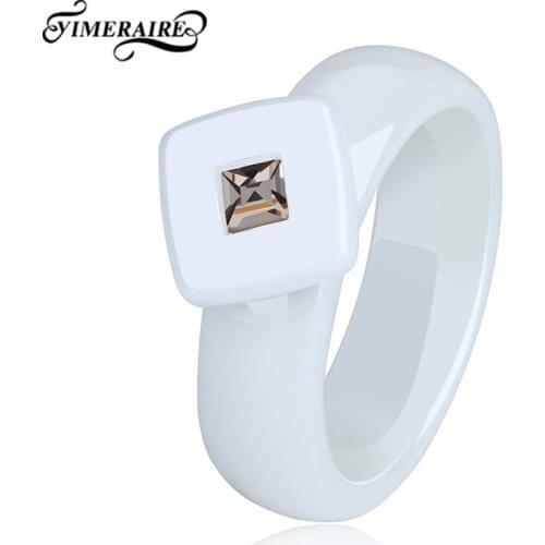 Classic Ceramic Ring Jewelry For Women With Square Crystals Black White 6mm Width Smooth Finger Rings Fashion Wedding Statement