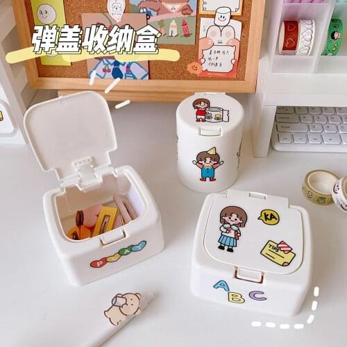 Kawaii White Desktop Mini Plastic Stationery Organizer Small Cotton Swab Washi Tapes Stickers Storage Box with Liddust-proof Box