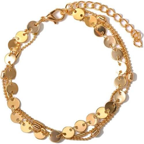 Fashion Trend Circle Sequins Treble Layer Golden Silver Plated Alloy Charm Anklet Bracelets For Women Foot Jewelry
