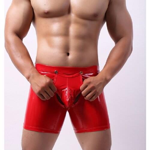 Men Faux Leather Hollow Out Breathable AirbagCover Separation Household Shorts Black Front Rear Opening U Convex Bag Gay Shorts