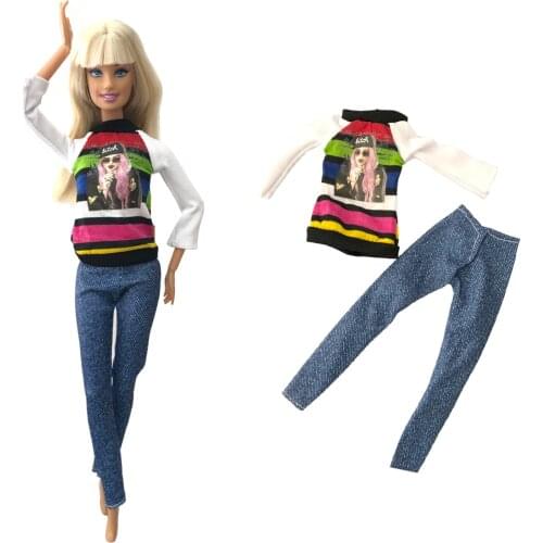 NK Newest Doll Outfit Fashion Pattern Print Shirt +Long Jeans For Barbie Doll Accessories Gift Baby Toys 284A 7X