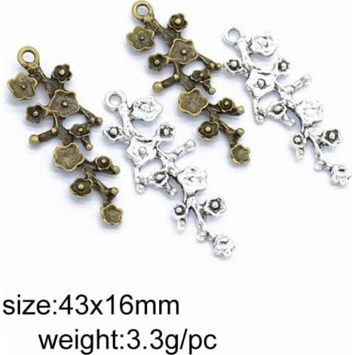 20pcs 43x16mm Alloy Antique Silver/Antique Bronze Flowers Branches Charms Pendant Fit For DIY Necklace Bracelet