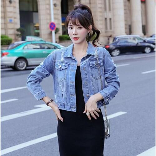 Casual Vintage Jeans Jacket Female 2021 Spring Streetwear Jeans Hole Cowboy Coat Loose Top Student autumn Womens Denim Overcoat